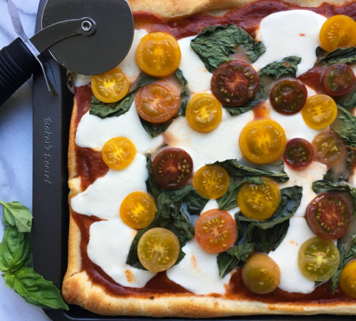 Fresh Mozzarella, Baby Heirloom Tomato,<br />and Basil Pizza